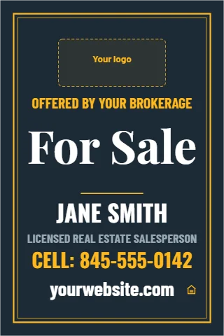 A-frame sign template, luxury listing, reading "For Sale", "JANE SMITH" and "yourwebsite.com", in navy, with a space for your logo