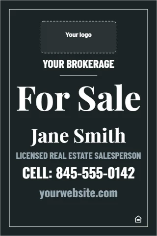 A-frame sign template, luxury, black and white, reading "YOUR BROKERAGE", "For Sale" and "Jane Smith", in charcoal, with a space for your logo