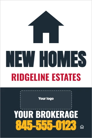 A-frame sign template, new construction, reading "NEW HOMES", "YOUR BROKERAGE" and "845-555-0123", in navy and white, with a space for your logo
