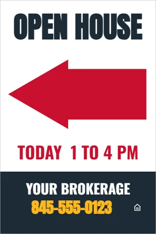 A-frame sign template, open house arrow left, words in the arrow, reading "OPEN HOUSE", "TODAY 1 TO 4 PM" and "845-555-0123", in navy and white