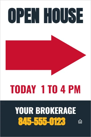 A-frame sign template, open house arrow right, words in the arrow, reading "OPEN HOUSE", "TODAY 1 TO 4 PM" and "845-555-0123", in navy and white