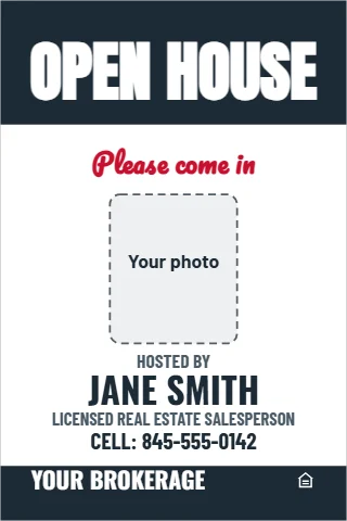 A-frame sign template, open house, hosted by, agent photo, reading "OPEN HOUSE", "Please come in" and "JANE SMITH", in navy and white, with a space for your logo