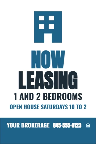 A-frame sign template, now leasing, apartments, reading "NOW", "LEASING" and "1 AND 2 BEDROOMS", in steel blue and white