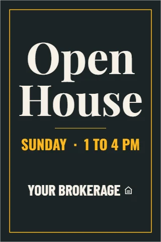 A-frame sign template, open house, serif on charcoal, reading "Open", "House" and "SUNDAY · 1 TO 4 PM", in charcoal