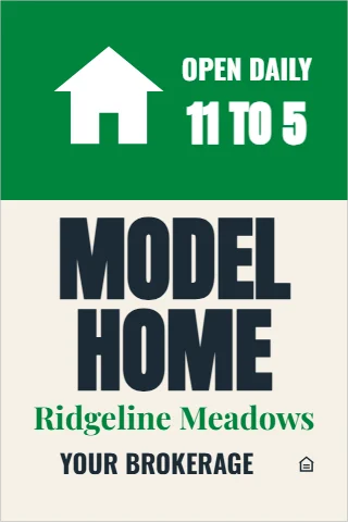 A-frame sign template, model home, open daily, reading "11 TO 5", "MODEL" and "HOME", in green and cream