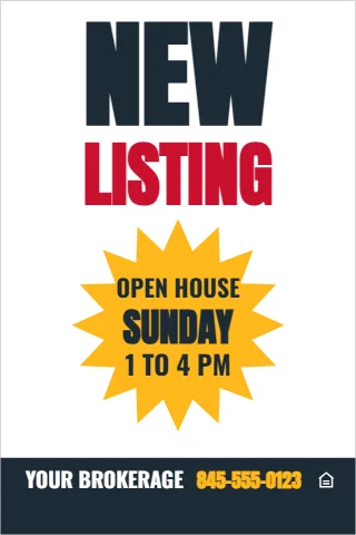 A-frame sign template, new listing, open house burst, reading "NEW", "LISTING" and "SUNDAY", in navy and white
