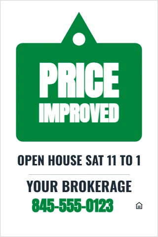 A-frame sign template, price improved, price tag, reading "PRICE", "IMPROVED" and "845-555-0123", in green and white