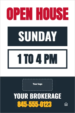A-frame sign template, open house, day and time tiles, reading "OPEN HOUSE", "SUNDAY" and "1 TO 4 PM", in navy and white, with a space for your logo