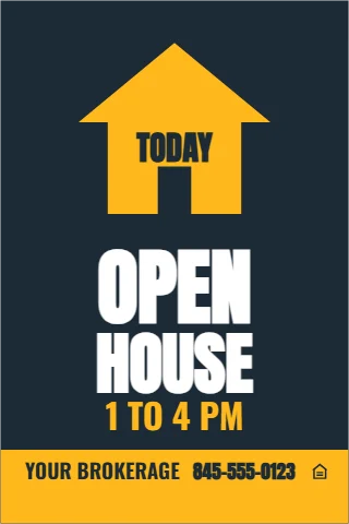 A-frame sign template, open house today, in a house, reading "OPEN", "HOUSE" and "1 TO 4 PM", in gold and navy
