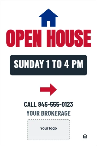 A-frame sign template, open house, reading "OPEN HOUSE", "SUNDAY 1 TO 4 PM" and "CALL 845-555-0123", in white, with a space for your logo