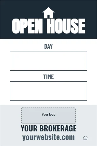 A-frame sign template, open house, write-on, reading "OPEN HOUSE", "YOUR BROKERAGE" and "yourwebsite.com", in light gray and white, with a space for your logo