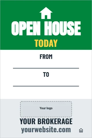 A-frame sign template, open house today, write the times, reading "OPEN HOUSE", "TODAY" and "yourwebsite.com", in green and white, with a space for your logo