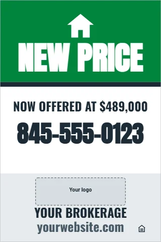 A-frame sign template, new price, reading "NEW PRICE", "845-555-0123" and "yourwebsite.com", in green and white, with a space for your logo