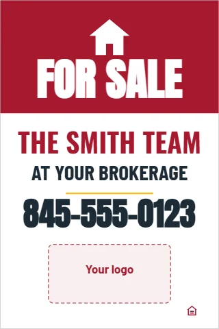 A-frame sign template, for sale, team, reading "FOR SALE", "THE SMITH TEAM" and "845-555-0123", in maroon and white, with a space for your logo