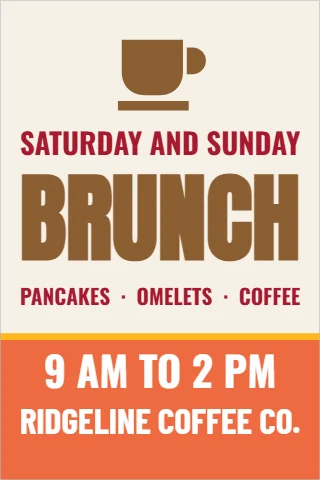 A-frame sign template, weekend brunch, reading "SATURDAY AND SUNDAY", "BRUNCH" and "9 AM TO 2 PM", in coral and cream