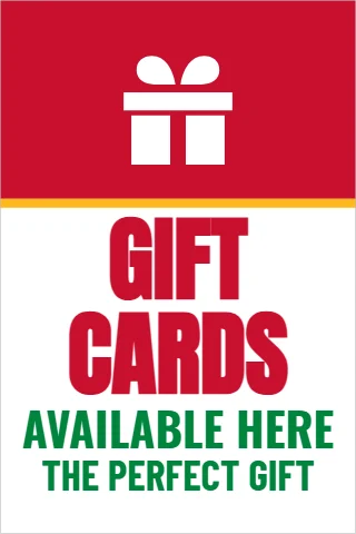 A-frame sign template, gift cards available, reading "GIFT", "CARDS" and "AVAILABLE HERE", in red and white