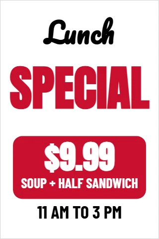 A-frame sign template, lunch special, reading "Lunch", "SPECIAL" and "$9.99", in red and white