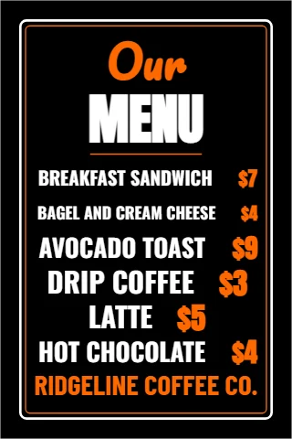 A-frame sign template, menu board, chalkboard, reading "Our", "MENU" and "$3", in black