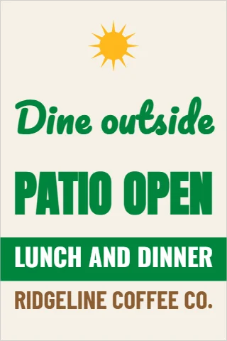 A-frame sign template, patio now open, reading "Dine outside", "PATIO OPEN" and "LUNCH AND DINNER", in green and cream