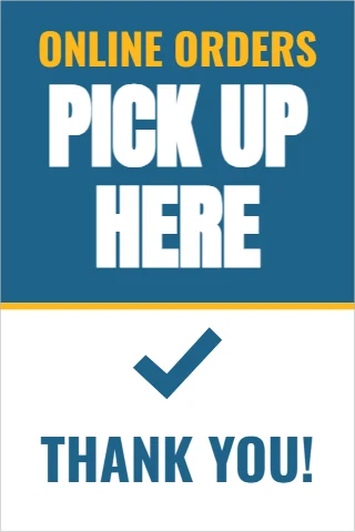 A-frame sign template, online orders pick up here, reading "PICK UP", "HERE" and "THANK YOU!", in steel blue and white