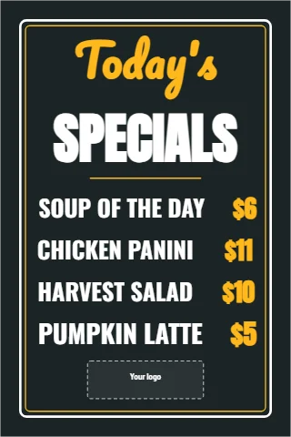 A-frame sign template, today's specials, chalkboard, reading "Today's", "SPECIALS" and "$5", in charcoal, with a space for your logo