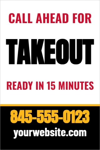 A-frame sign template, takeout, call ahead, reading "CALL AHEAD FOR", "TAKEOUT" and "845-555-0123", in black and white