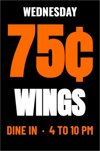 A-frame sign template, wing night, the price big, reading "WEDNESDAY", "75¢" and "WINGS", in black