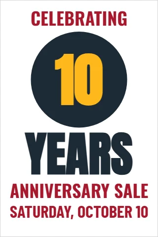A-frame sign template, anniversary sale, reading "CELEBRATING", "10" and "YEARS", in navy and white