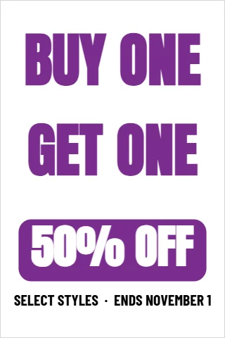 A-frame sign template, buy one, get one, reading "BUY ONE", "GET ONE" and "50% OFF", in purple and white