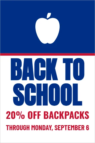 A-frame sign template, back to school sale, reading "BACK TO", "SCHOOL" and "20% OFF BACKPACKS", in blue and white