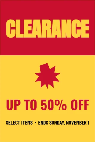 A-frame sign template, clearance, reading "CLEARANCE", "UP TO 50% OFF" and "SELECT ITEMS · ENDS SUNDAY,…", in red and yellow
