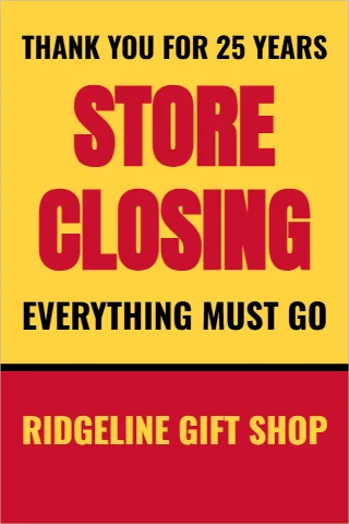 A-frame sign template, store closing, reading "STORE", "CLOSING" and "EVERYTHING MUST GO", in red and yellow