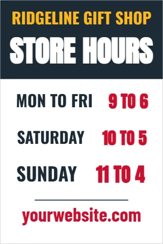 A-frame sign template, store hours, reading "STORE HOURS", "SUNDAY" and "yourwebsite.com", in navy and white