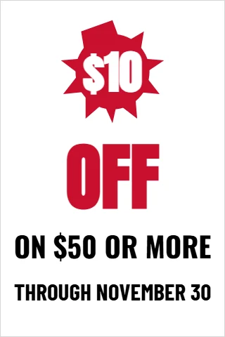 A-frame sign template, dollars off, in a burst, reading "$10", "OFF" and "ON $50 OR MORE", in white