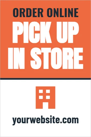 A-frame sign template, pick up in store, reading "ORDER ONLINE", "PICK UP" and "IN STORE", in coral and white