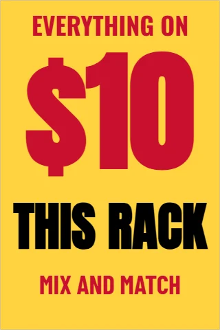 A-frame sign template, everything on this rack, reading "$10", "THIS RACK" and "MIX AND MATCH", in yellow