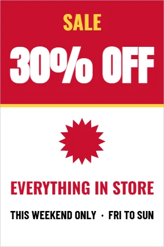 A-frame sign template, weekend sale, band, reading "SALE", "30% OFF" and "EVERYTHING IN STORE", in red and white