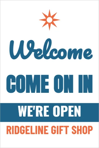 A-frame sign template, welcome, come on in, reading "Welcome", "COME ON IN" and "WE'RE OPEN", in steel blue and white