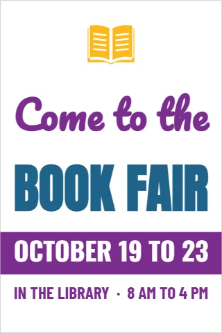A-frame sign template, book fair, reading "Come to the", "BOOK FAIR" and "OCTOBER 19 TO 23", in purple and white