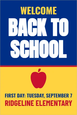 A-frame sign template, welcome back to school, reading "WELCOME", "BACK TO" and "SCHOOL", in blue and yellow