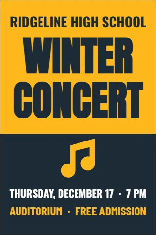 A-frame sign template, winter concert, reading "RIDGELINE HIGH SCHOOL", "WINTER" and "CONCERT", in gold and navy