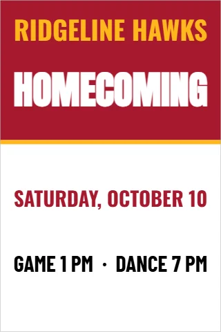 A-frame sign template, homecoming, reading "RIDGELINE HAWKS", "HOMECOMING" and "SATURDAY, OCTOBER 10", in maroon and white