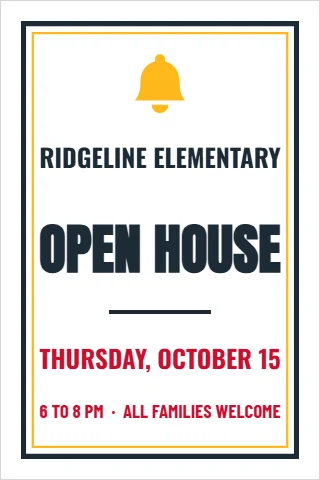 A-frame sign template, school open house, reading "RIDGELINE ELEMENTARY", "OPEN HOUSE" and "THURSDAY, OCTOBER 15", in white
