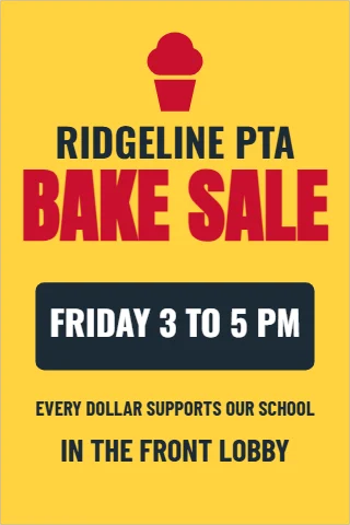 A-frame sign template, school fundraiser, reading "RIDGELINE PTA", "BAKE SALE" and "FRIDAY 3 TO 5 PM", in navy and yellow