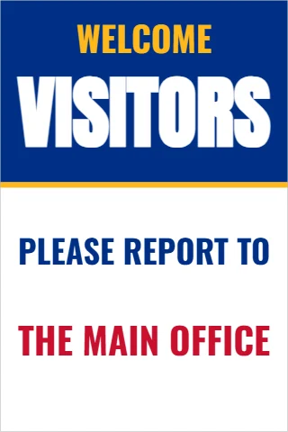 A-frame sign template, visitors report to the office, reading "WELCOME", "VISITORS" and "THE MAIN OFFICE", in blue and white