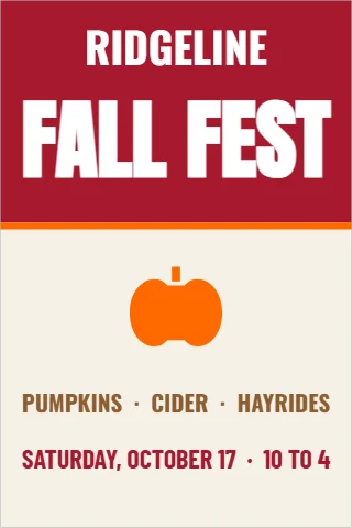 A-frame sign template, fall fest, reading "RIDGELINE", "FALL FEST" and "PUMPKINS · CIDER · HAYRIDES", in maroon and cream