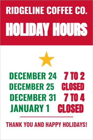 A-frame sign template, holiday hours, reading "HOLIDAY HOURS", "JANUARY 1" and "CLOSED", in red and white