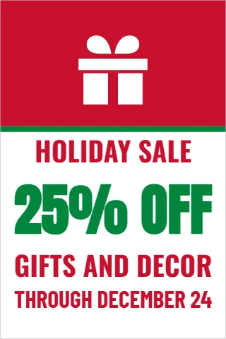 A-frame sign template, holiday gift sale, reading "HOLIDAY SALE", "25% OFF" and "GIFTS AND DECOR", in red and white