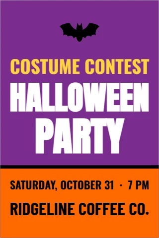 A-frame sign template, halloween party, reading "COSTUME CONTEST", "HALLOWEEN" and "PARTY", in orange and purple