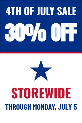 A-frame sign template, 4th of July sale, reading "4TH OF JULY SALE", "30% OFF" and "STOREWIDE", in blue and white